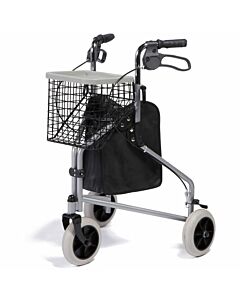 Delta rollator. Deze 3-wiel rollator wordt geleverd met dienblad, tas en boodschappenmand.